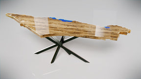 A high-quality wooden table combined with epoxy in the shape of a map of Israel.